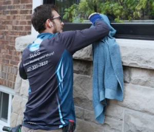 Professional window cleaner from SUDS Window and Eaves Cleaning cleaning a residential window to improve natural light, mood, and productivity.