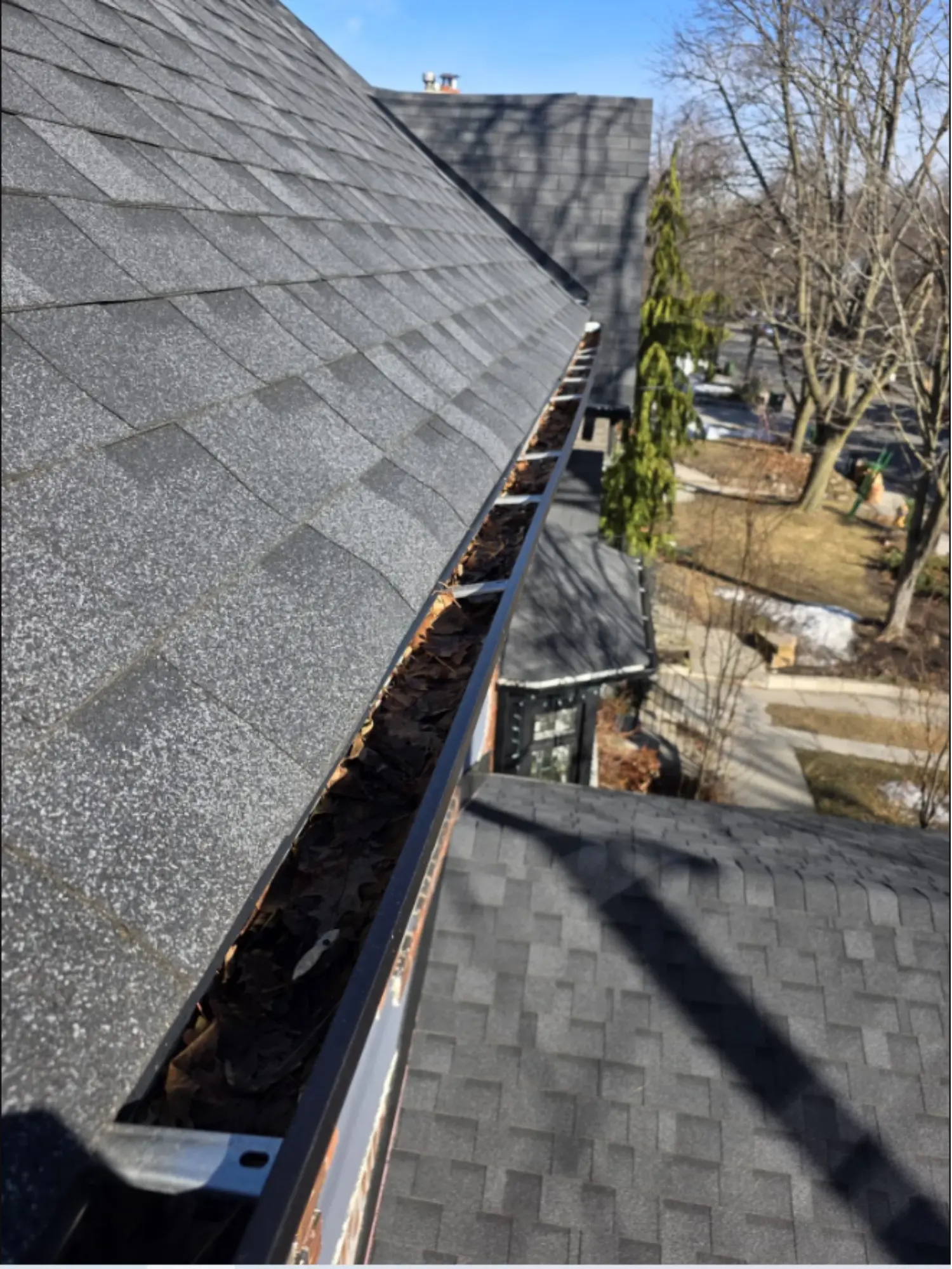 Clogged roof gutters during eavestrough cleaning service in East York by SUDS