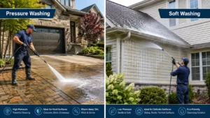 A professional exterior cleaning technician performing pressure washing and soft washing services on a Canadian residential home to remove dirt, mold, and buildup.