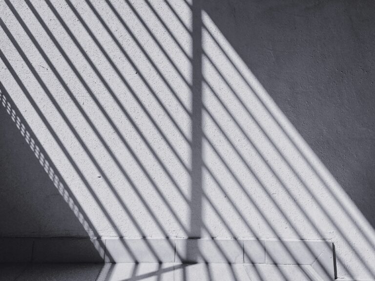 Sunlight and window-blind shadows across an interior wall.