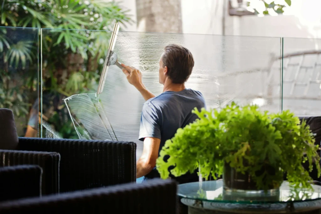 A professional cleaner cuts through thick residue on an outdoor residential glass railing and patio window using a professional-grade squeegee and glass cleaning tools. Backyard glass structures and windows frequently face mineral scaling due to garden sprinklers and pool water splashes. SUDS Window and Eaves Cleaning shares how to tackle hard water stains effectively, utilizing specialized techniques that dissolve tough calcium and magnesium spots without scratching the exterior glass surface.