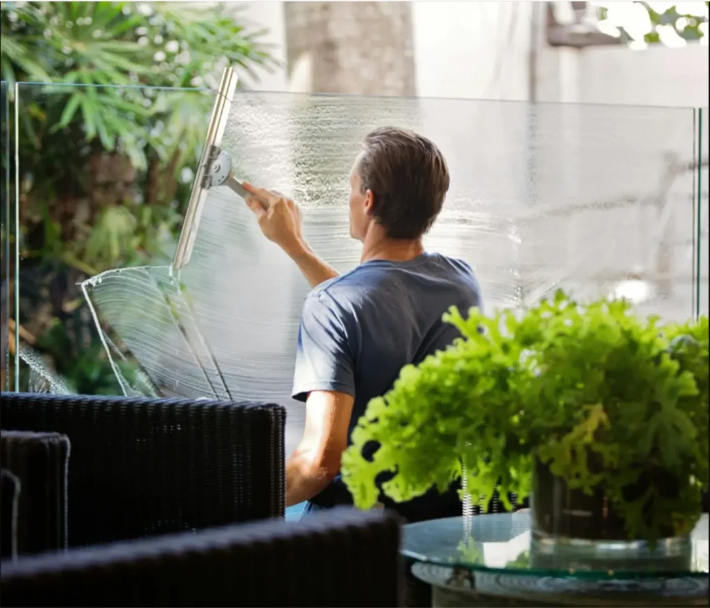 Professional residential window cleaning service during winter, removing dirt and streaks from large glass windows to improve visibility and natural light.