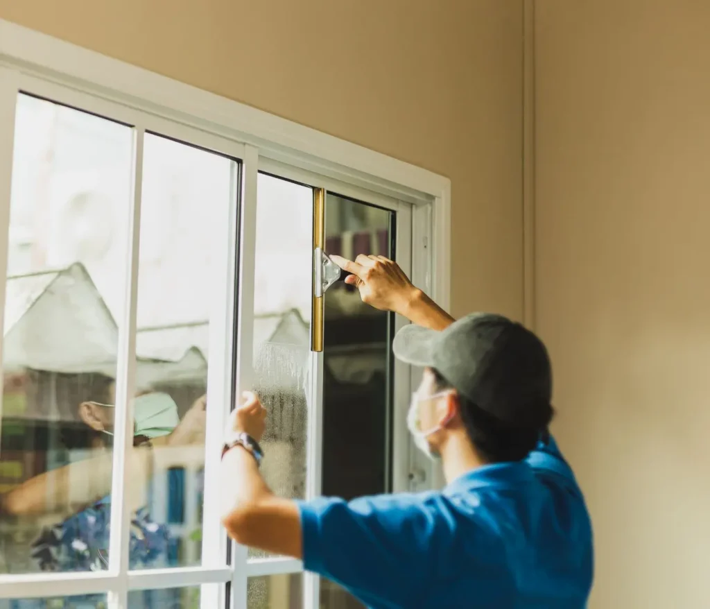 A professional technician from SUDS Window and Eaves Cleaning using a squeegee to clean a residential window pane, showcasing traditional window cleaning techniques.