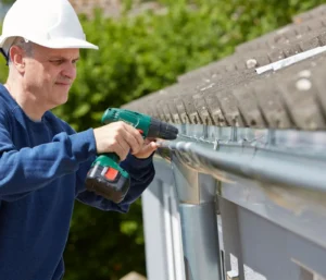 A professional technician wearing heavy-duty gloves and a blue uniform inspecting a residential eavestrough system to prevent gutter cleaning repair costs.
