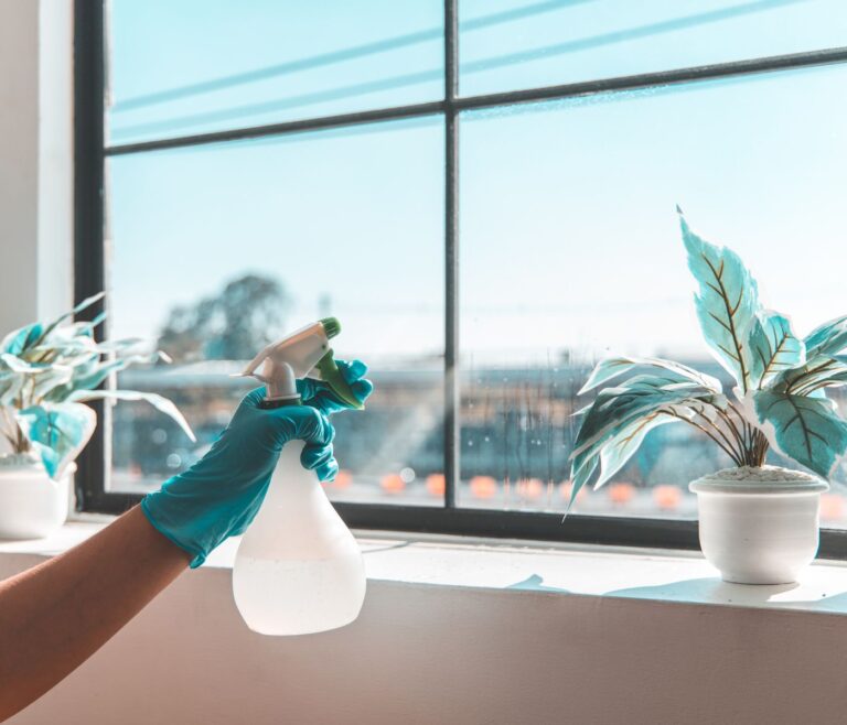 Person spraying an interior window during residential window cleaning.