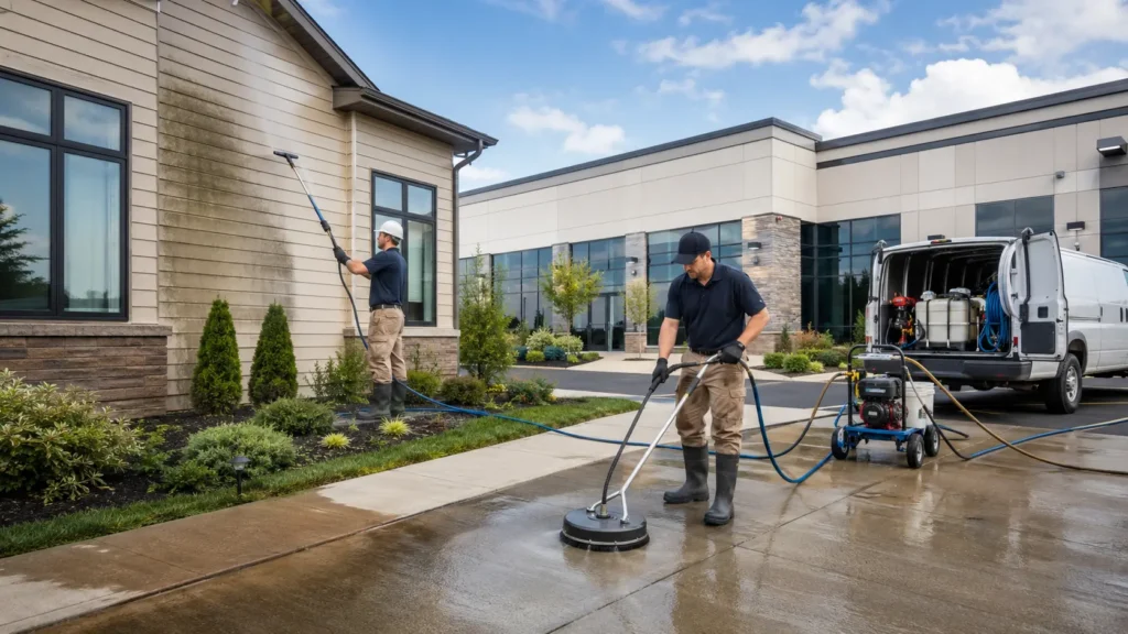 Professional technicians providing exterior cleaning services in Ontario at residential and commercial properties.