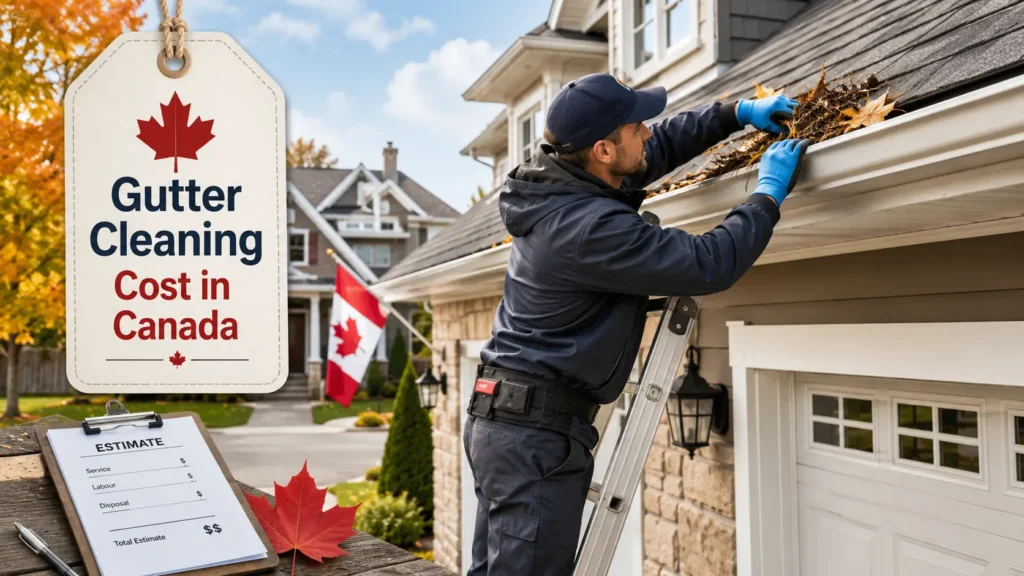 A professional gutter cleaning worker safely cleaning eavestroughs on a Canadian residential home with fall leaves and an estimate clipboard showing gutter cleaning cost in Canada.