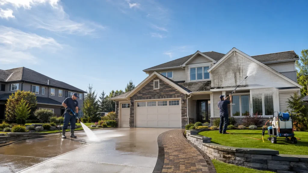 Professional pressure washing and soft washing services cleaning a residential home exterior in Canada with advanced equipment.