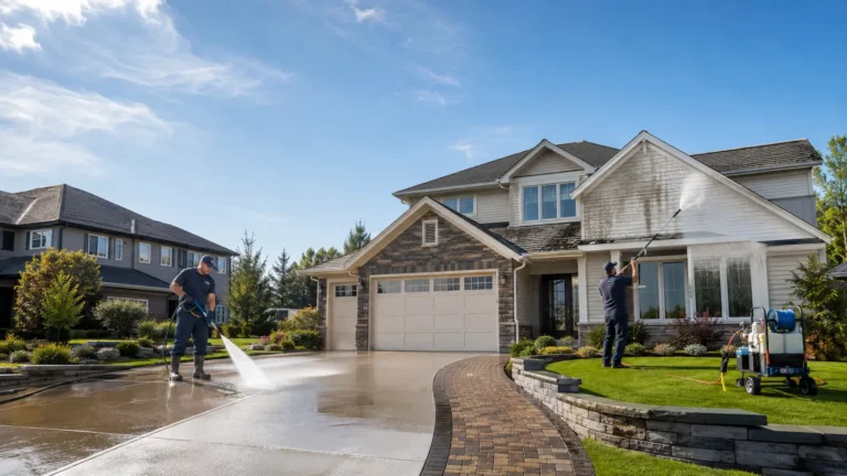 Professional pressure washing and soft washing services cleaning a residential home exterior in Canada with advanced equipment.