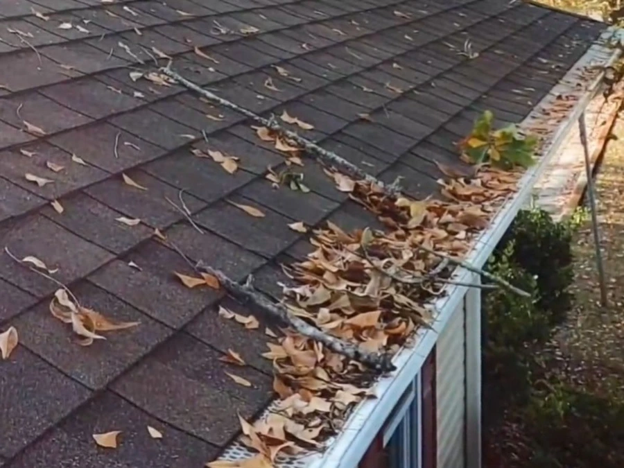 Clogged residential gutter filled with leaves and debris along a roof edge