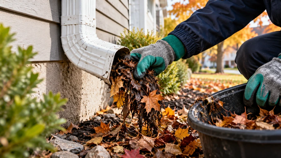 Professional downspout cleaning in Ontario, removing leaves and debris from a clogged residential downspout