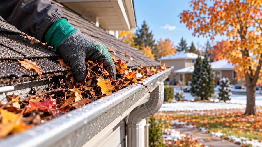 Professional eavestrough cleaning before winter, removing autumn leaves and debris from a residential gutter in Ontario